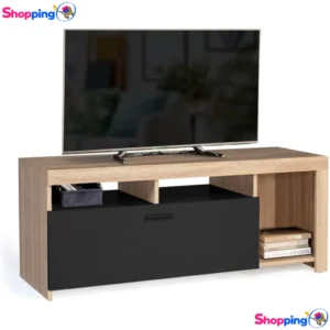 Meuble TV MALO bois et placard noir 110 cm, Donnez du style à votre salon avec ce meuble TV élégant et pratique ! - Shopping'O - photo 1